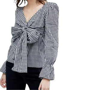 Walter Baker NWT Katherine Black and White Gingham Tie Front Long Sleeve Top